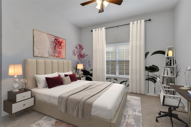 bedroom featuring ceiling fan and light colored carpet