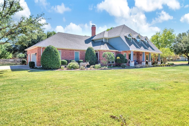 view of front of home with a garage and a front lawn