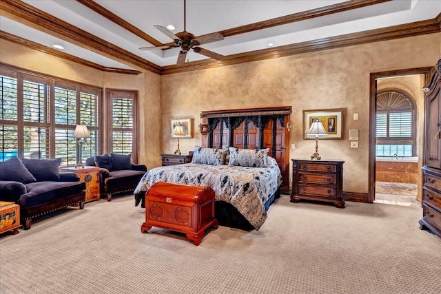 bedroom featuring light carpet, ceiling fan, and ornamental molding