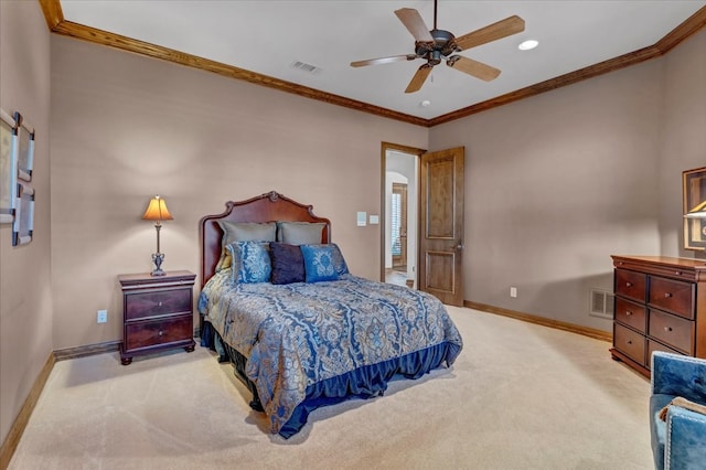 bedroom with ceiling fan, light colored carpet, and ornamental molding