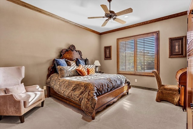 bedroom with ceiling fan, crown molding, and light carpet