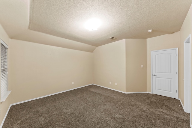 additional living space with carpet floors and a textured ceiling