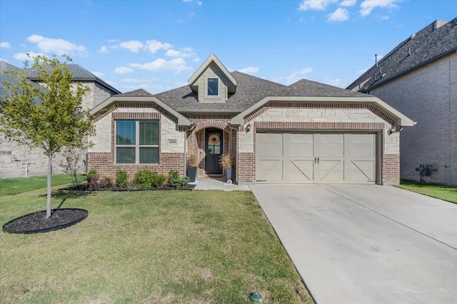 view of front of property featuring a front yard and a garage