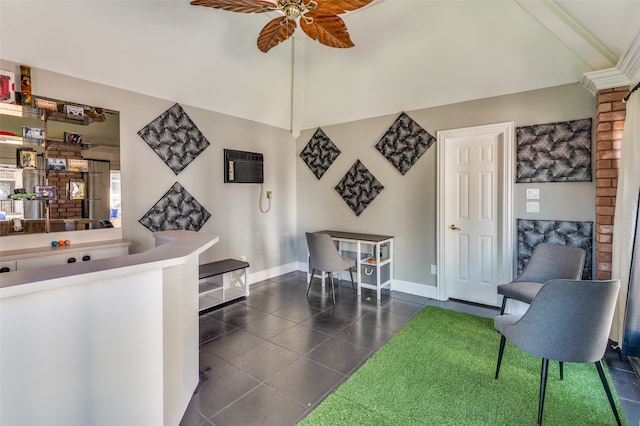 interior space with ceiling fan and high vaulted ceiling