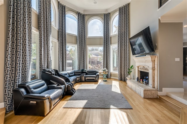 living room with a tiled fireplace, light hardwood / wood-style floors, and a high ceiling