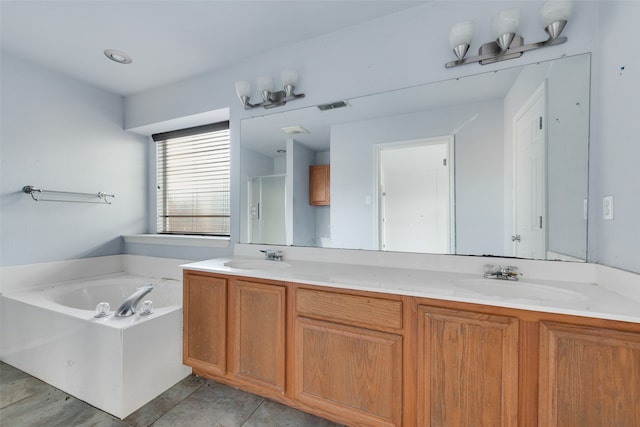 bathroom with plus walk in shower and vanity