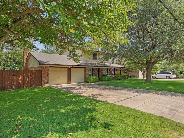 view of property with a front yard, a porch, and a garage