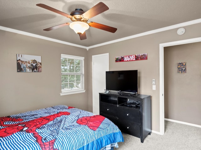 bedroom featuring ceiling fan, crown molding, carpet floors, and a textured ceiling