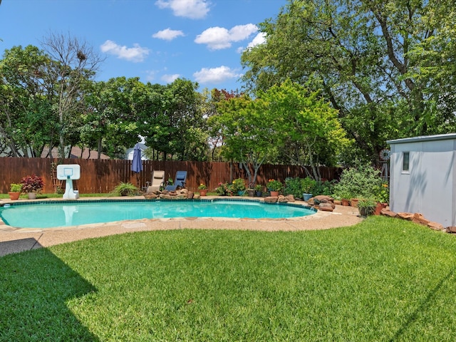 view of pool with a lawn