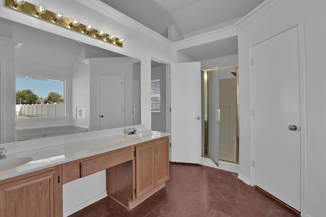 bathroom featuring vanity, vaulted ceiling, and an enclosed shower