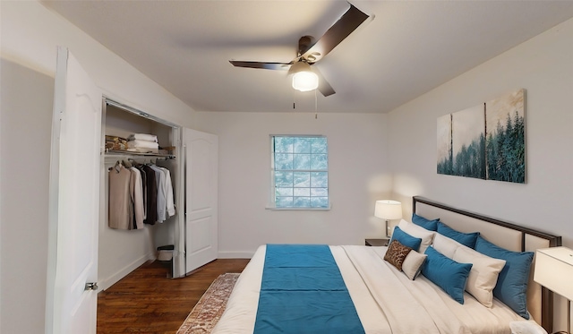 bedroom with ceiling fan, a closet, and dark hardwood / wood-style floors