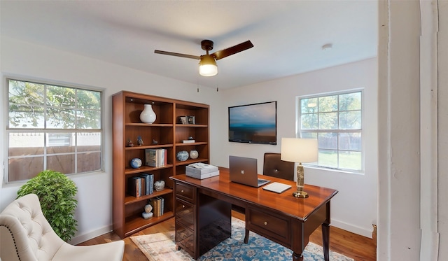 home office featuring ceiling fan and light hardwood / wood-style flooring