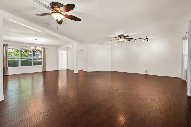 191 Old Perrin Rd, Sherman, TX 75092 - unfurnished living room featuring a chandelier, a ceiling fan, dark wood-type flooring, and baseboards