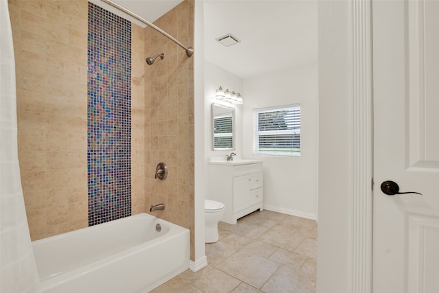 full bathroom with tile patterned flooring, vanity, toilet, and shower / tub combo with curtain