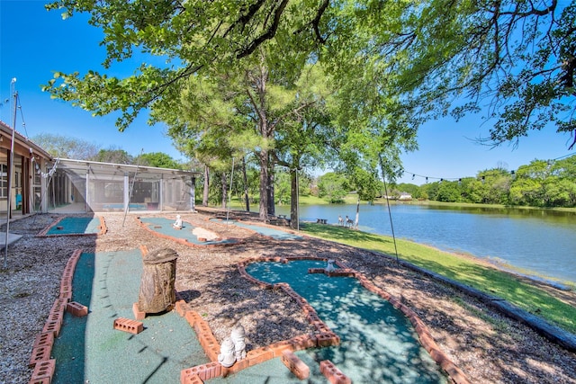 191 Old Perrin Rd, Sherman, TX 75092 - view of swimming pool featuring a putting green, a water view, glass enclosure, a pool, and a patio area