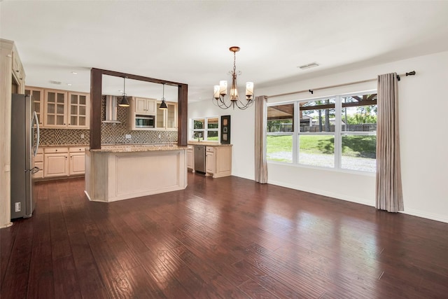 191 Old Perrin Rd, Sherman, TX 75092 - kitchen featuring stainless steel appliances, a chandelier, glass insert cabinets, dark wood-style floors, and tasteful backsplash
