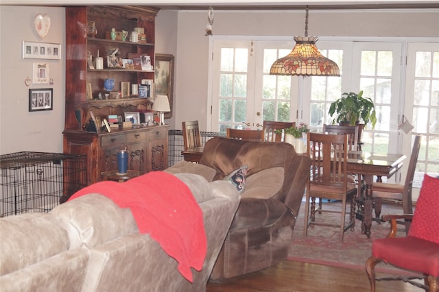 living room featuring french doors and wood-type flooring