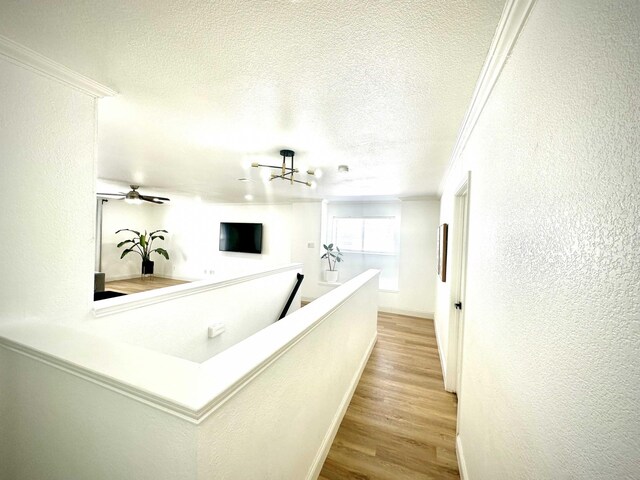 corridor with a textured ceiling, light hardwood / wood-style flooring, and ornamental molding