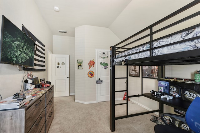 bedroom featuring vaulted ceiling, baseboards, visible vents, and light colored carpet