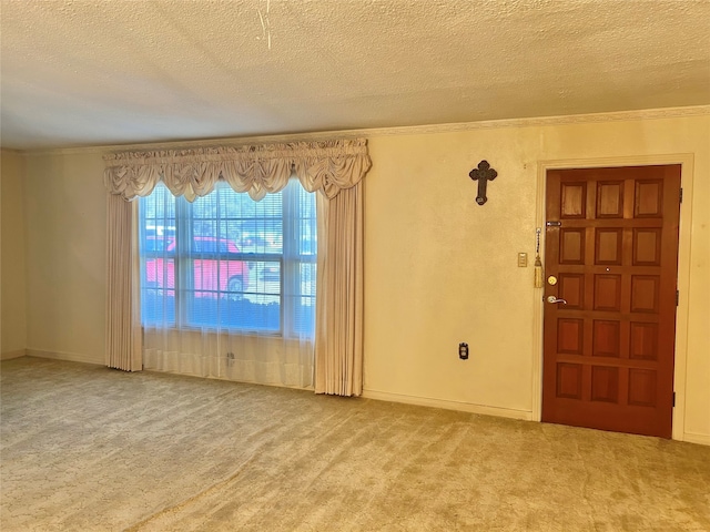 interior space with carpet flooring, crown molding, and a textured ceiling