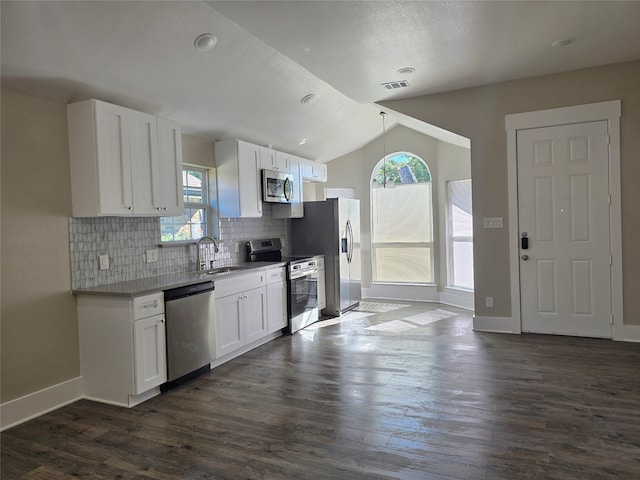 kitchen with a wealth of natural light, white cabinets, stainless steel appliances, and dark hardwood / wood-style floors