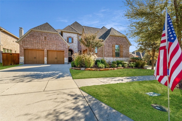 view of front of house featuring concrete driveway, brick siding, an attached garage, and a front yard