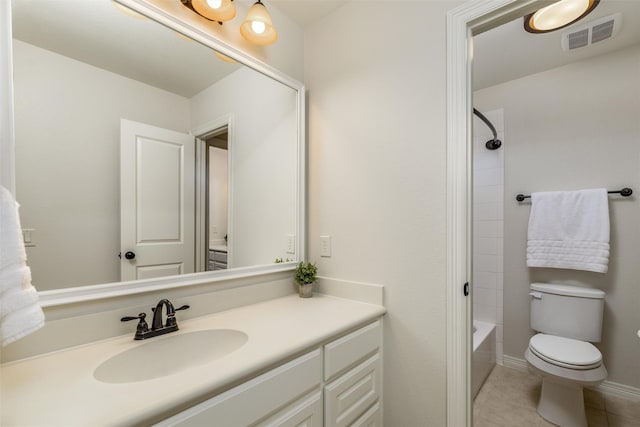 bathroom featuring tile patterned flooring, toilet, bathing tub / shower combination, vanity, and visible vents