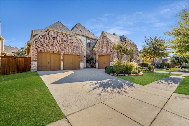 view of front facade featuring a garage, concrete driveway, fence, a front lawn, and brick siding