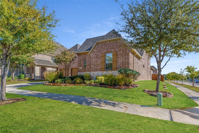 tudor house with driveway, a shingled roof, stone siding, a front lawn, and brick siding