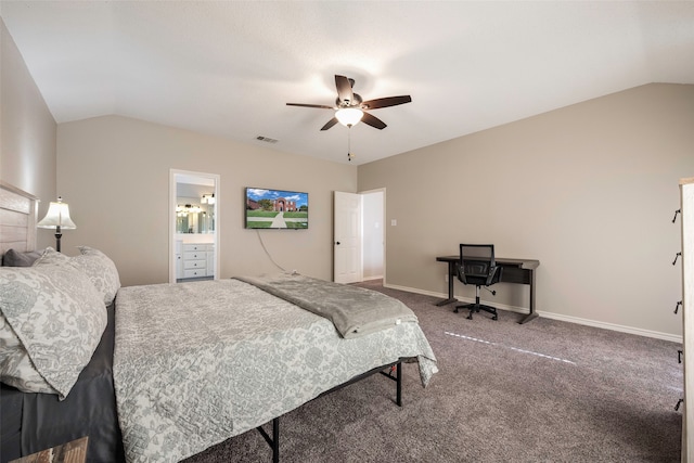 bedroom with carpet, ceiling fan, lofted ceiling, and ensuite bathroom