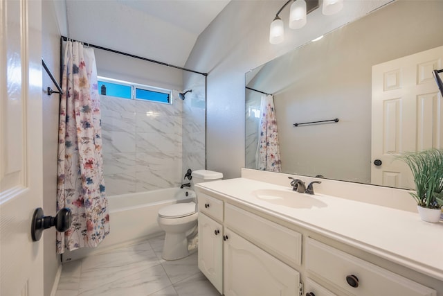 full bathroom featuring shower / bath combo, vanity, toilet, and lofted ceiling