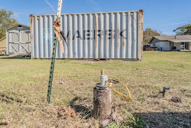 view of yard featuring a storage unit