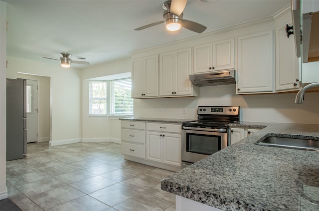 kitchen with ceiling fan, white cabinetry, sink, light tile patterned floors, and appliances with stainless steel finishes