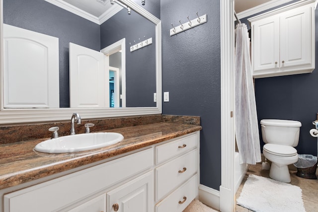 full bathroom featuring shower / bath combo, vanity, crown molding, tile patterned flooring, and toilet