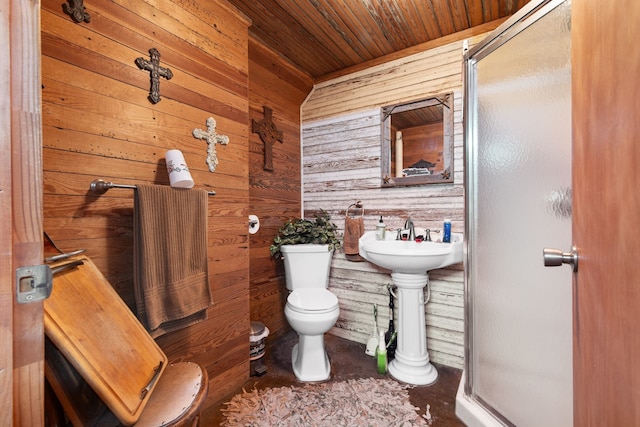 bathroom featuring walk in shower, wood walls, wooden ceiling, and toilet