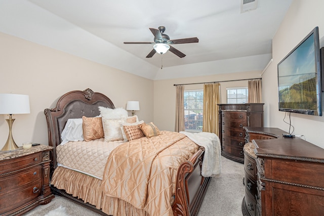 bedroom featuring ceiling fan and light colored carpet