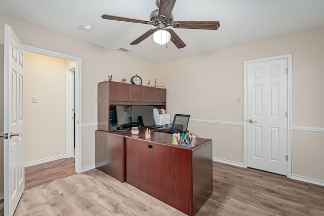 home office featuring ceiling fan and light wood-type flooring