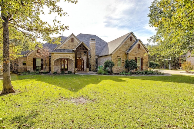 143 Coldwater Creek Ln, Weatherford, TX 76088 - french country inspired facade featuring stone siding, a front yard, and brick siding