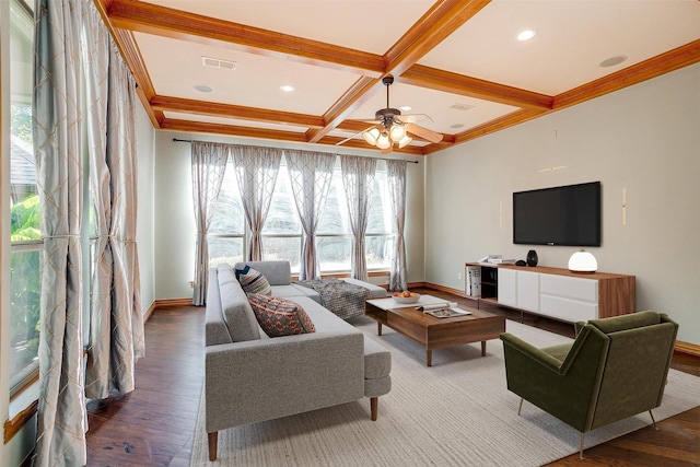 143 Coldwater Creek Ln, Weatherford, TX 76088 - living area with healthy amount of natural light, wood finished floors, coffered ceiling, beamed ceiling, and baseboards