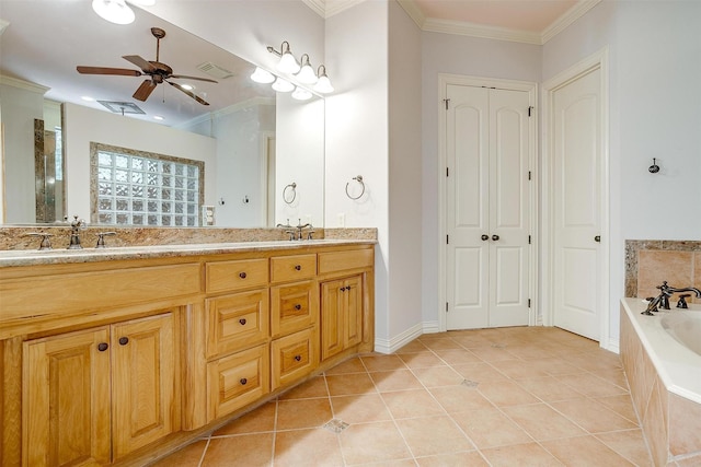 143 Coldwater Creek Ln, Weatherford, TX 76088 - full bathroom with double vanity, a bath, a ceiling fan, crown molding, and tile patterned flooring