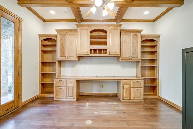 143 Coldwater Creek Ln, Weatherford, TX 76088 - unfurnished office featuring built in desk, light wood-style flooring, baseboards, beam ceiling, and a ceiling fan