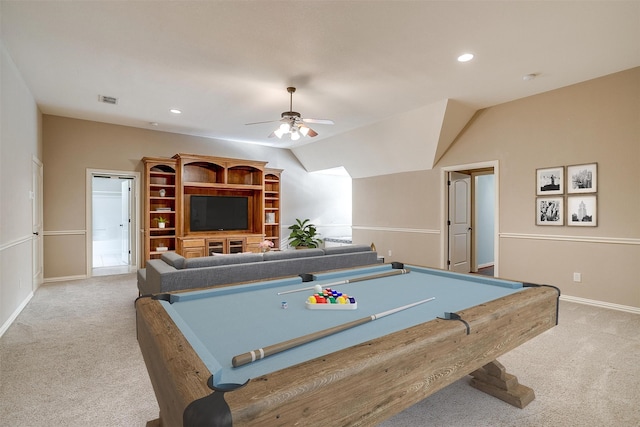 recreation room featuring ceiling fan, lofted ceiling, light carpet, and billiards