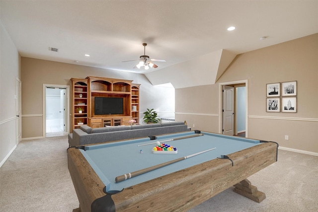 143 Coldwater Creek Ln, Weatherford, TX 76088 - recreation room featuring carpet, a ceiling fan, baseboards, vaulted ceiling, and recessed lighting