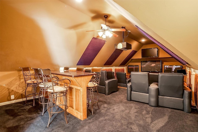 143 Coldwater Creek Ln, Weatherford, TX 76088 - carpeted cinema room featuring lofted ceiling, ceiling fan, and a dry bar