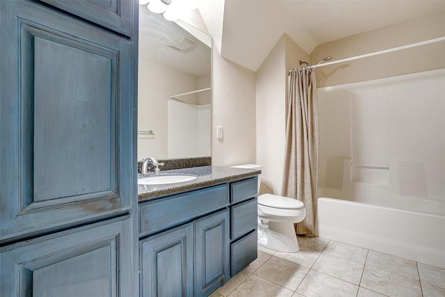 143 Coldwater Creek Ln, Weatherford, TX 76088 - bathroom featuring shower / bathtub combination with curtain, vanity, tile patterned floors, and toilet