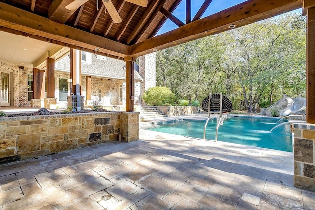143 Coldwater Creek Ln, Weatherford, TX 76088 - outdoor pool featuring a patio area and a ceiling fan