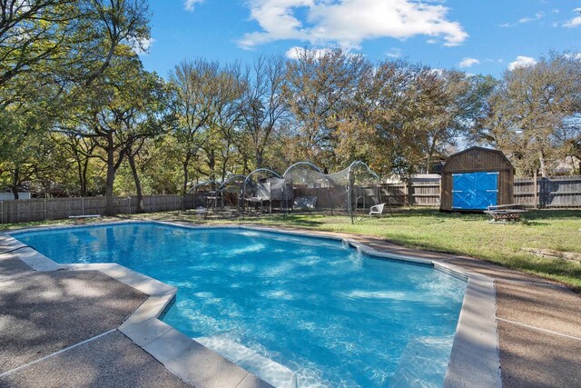 view of pool featuring a lawn and a shed