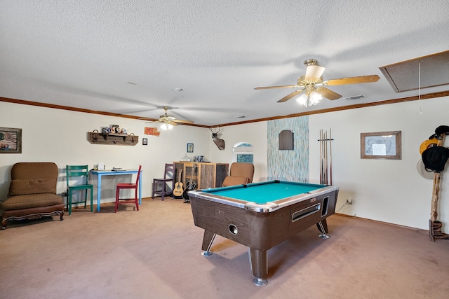 game room featuring carpet, ornamental molding, a textured ceiling, and pool table