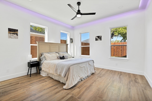 bedroom featuring ceiling fan and light wood-type flooring