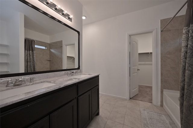 bathroom with tile patterned floors, vanity, and shower / bath combination with curtain